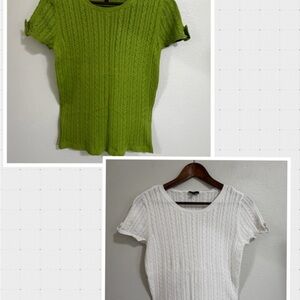Talbots Bundle Petite Small PS Army Green White Knit Sweater Lightweight Top A
